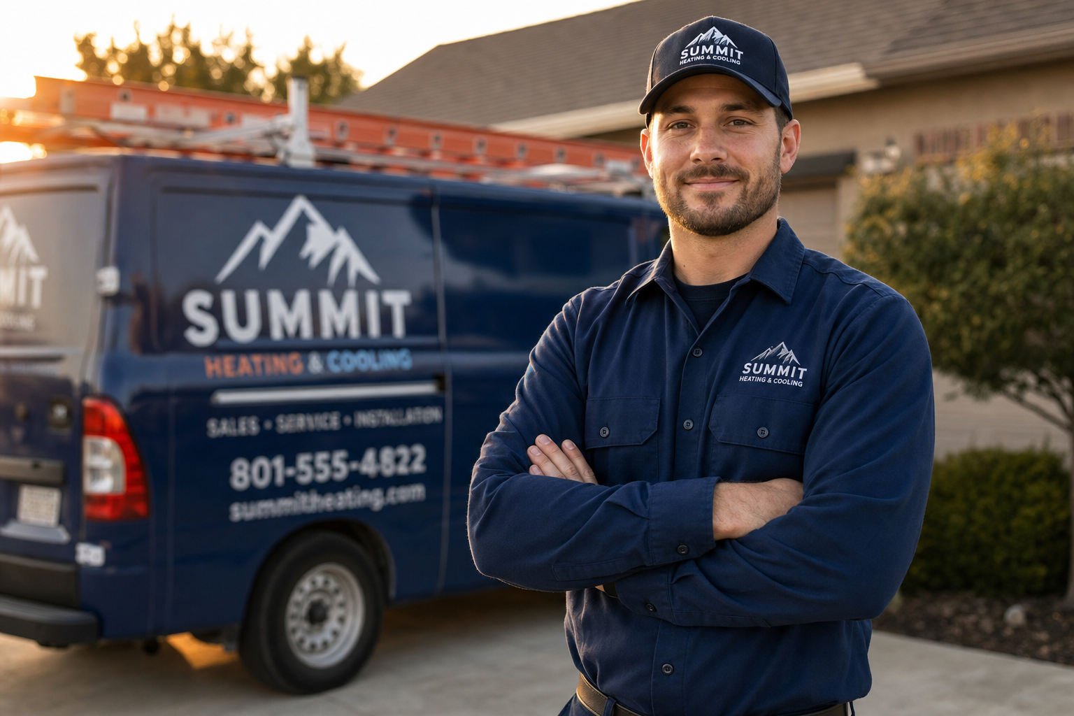 HVAC technician standing beside a service van in a residential driveway